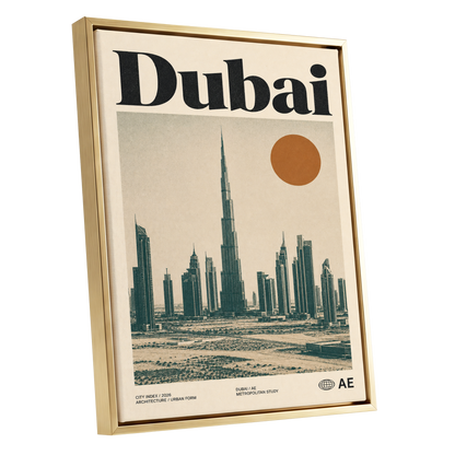 Dubai Modernist Skyline, beige, green, orange minimalist wall art shown as a gold framed canvas wall art
