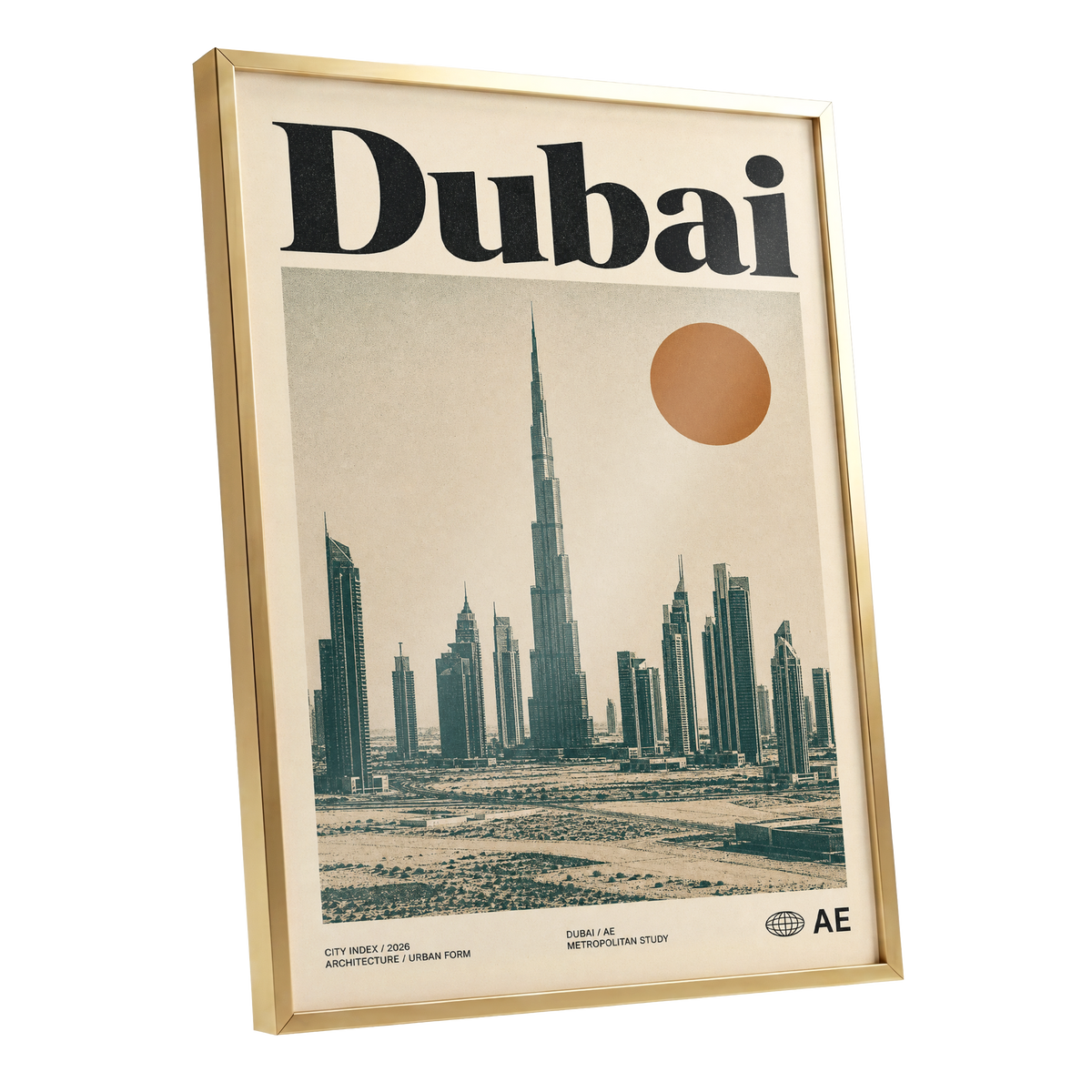 Dubai Modernist Skyline, beige, green, orange minimalist wall art shown as a gold framed poster wall art print