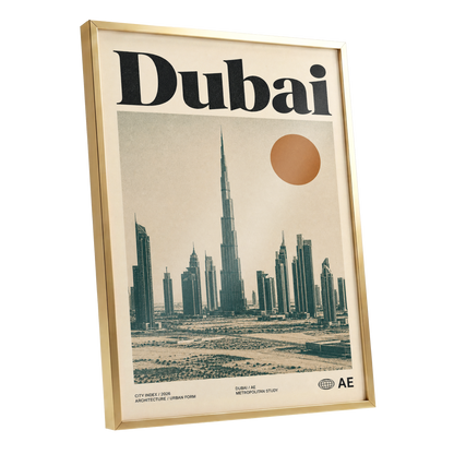 Dubai Modernist Skyline, beige, green, orange minimalist wall art shown as a gold framed poster wall art print