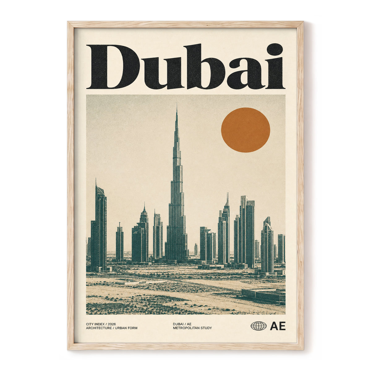 Dubai Modernist Skyline, beige, green, orange minimalist wall art, front artwork view