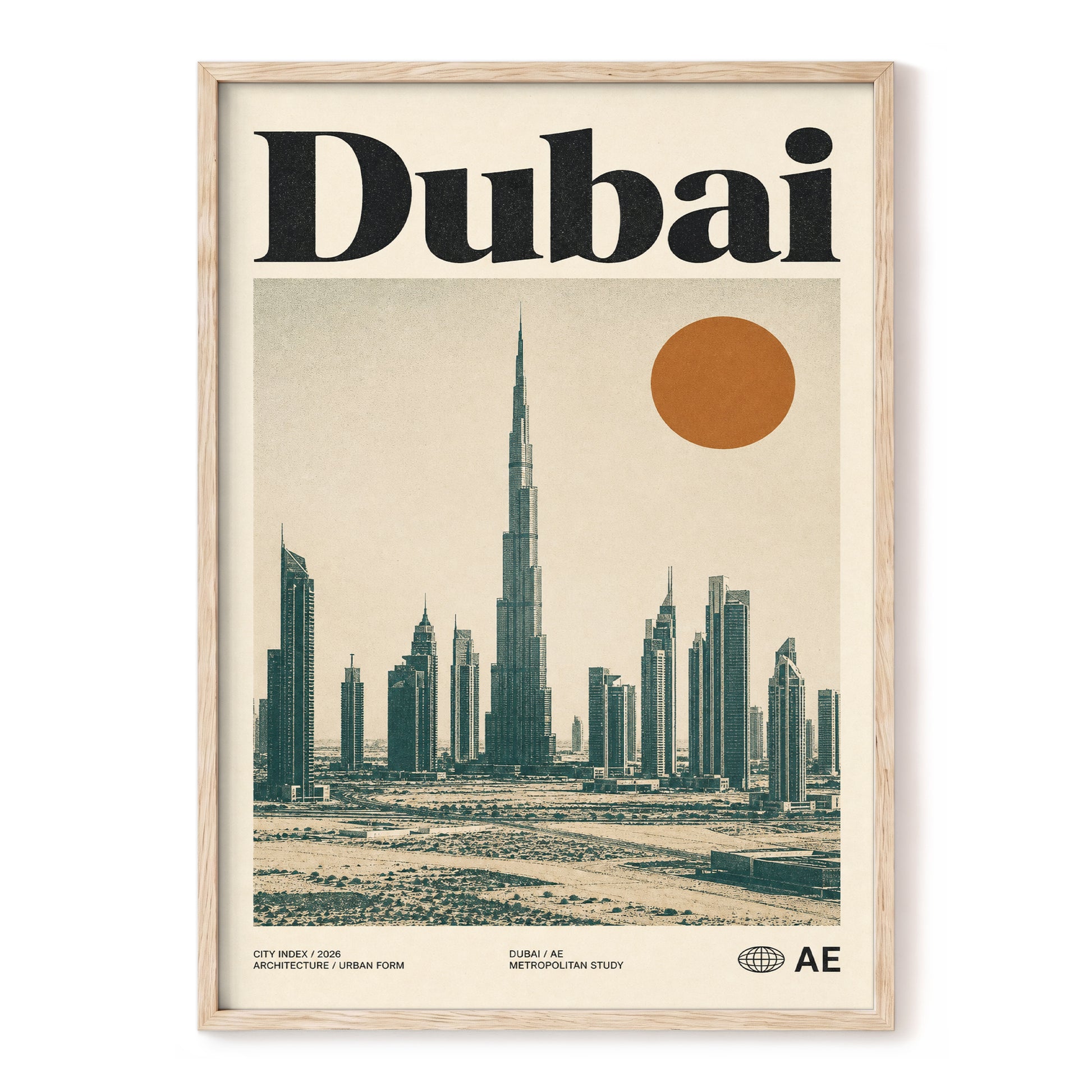 Dubai Modernist Skyline, beige, green, orange minimalist wall art, front artwork view