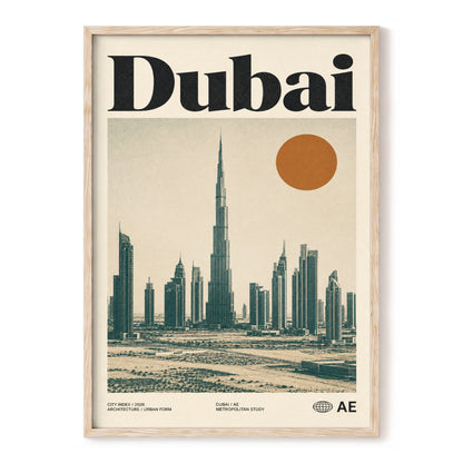 Dubai Modernist Skyline, beige, green, orange minimalist wall art, front artwork view