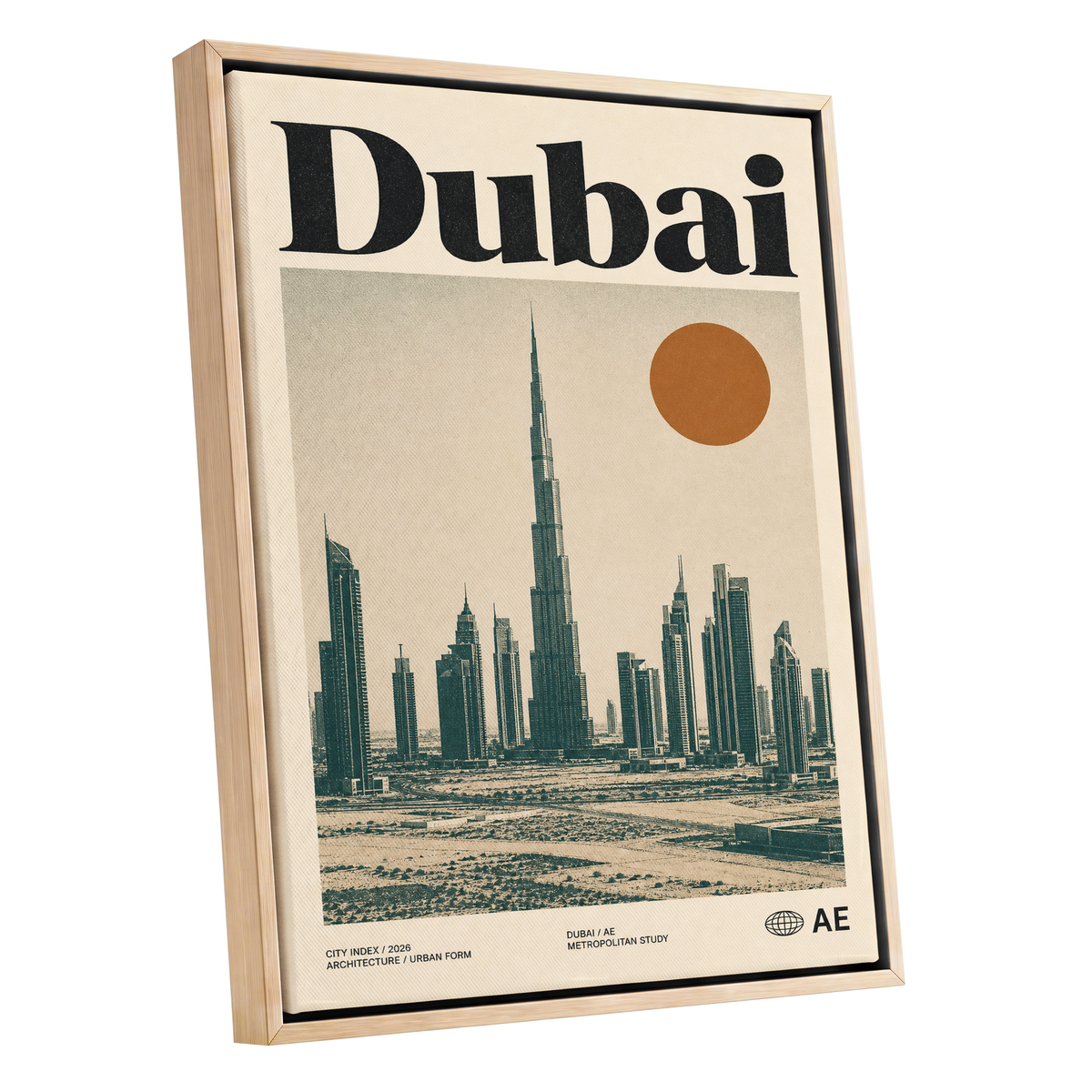 Dubai Modernist Skyline, beige, green, orange minimalist wall art shown as a oak framed canvas wall art