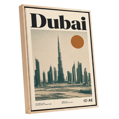 Dubai Modernist Skyline, beige, green, orange minimalist wall art shown as a oak framed canvas wall art
