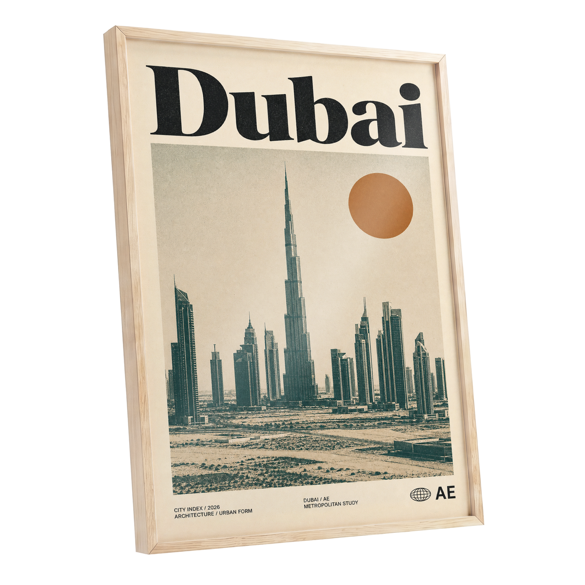 Dubai Modernist Skyline, beige, green, orange minimalist wall art shown as a oak framed poster wall art print