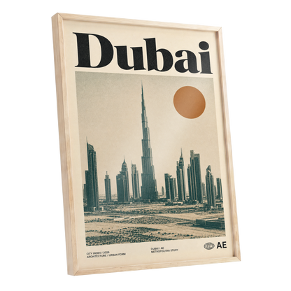 Dubai Modernist Skyline, beige, green, orange minimalist wall art shown as a oak framed poster wall art print