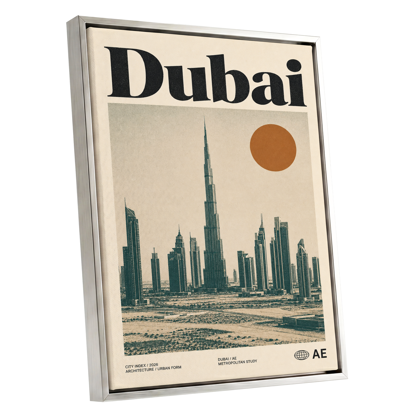 Dubai Modernist Skyline, beige, green, orange minimalist wall art shown as a silver framed canvas wall art