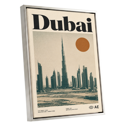 Dubai Modernist Skyline, beige, green, orange minimalist wall art shown as a silver framed canvas wall art