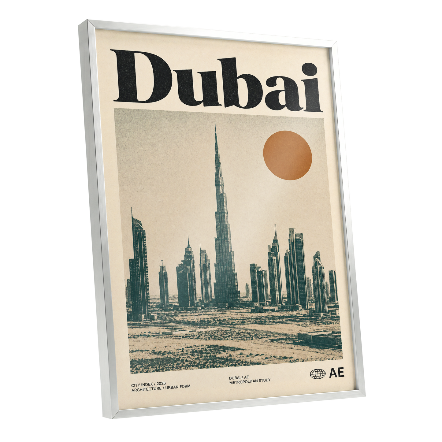 Dubai Modernist Skyline, beige, green, orange minimalist wall art shown as a silver framed poster wall art print