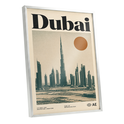 Dubai Modernist Skyline, beige, green, orange minimalist wall art shown as a silver framed poster wall art print