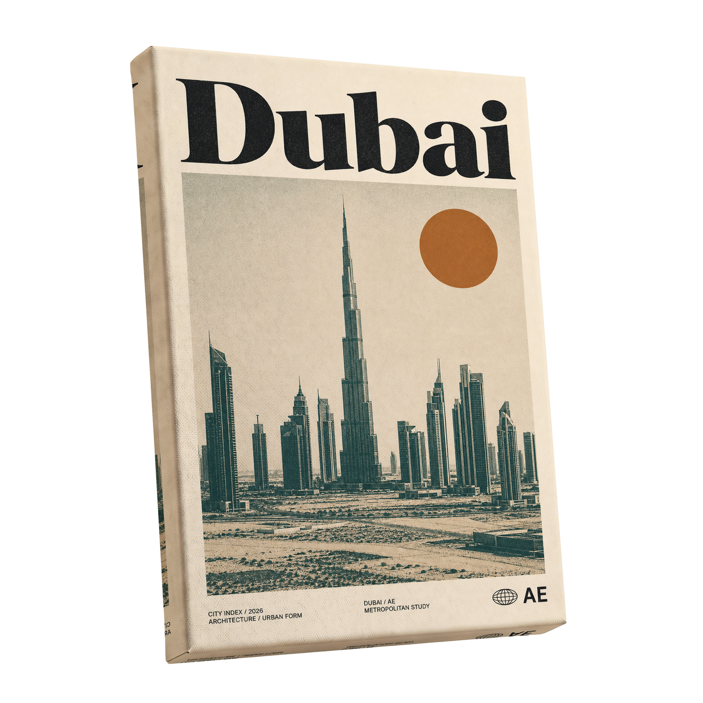 Dubai Modernist Skyline, beige, green, orange minimalist wall art shown as a stretched canvas wall art