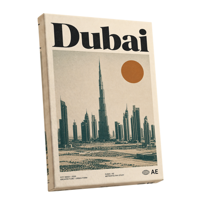 Dubai Modernist Skyline, beige, green, orange minimalist wall art shown as a stretched canvas wall art