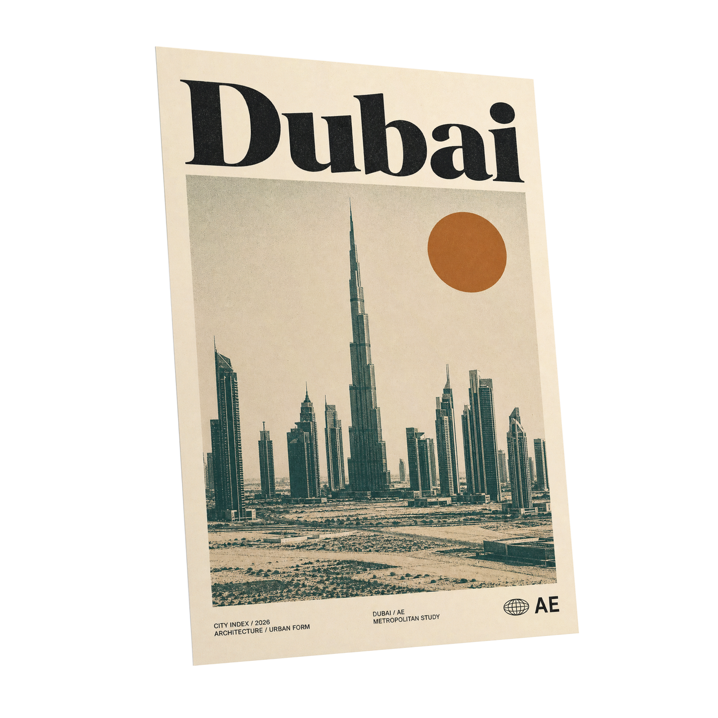 Dubai Modernist Skyline, beige, green, orange minimalist wall art shown as a unframed poster wall art print