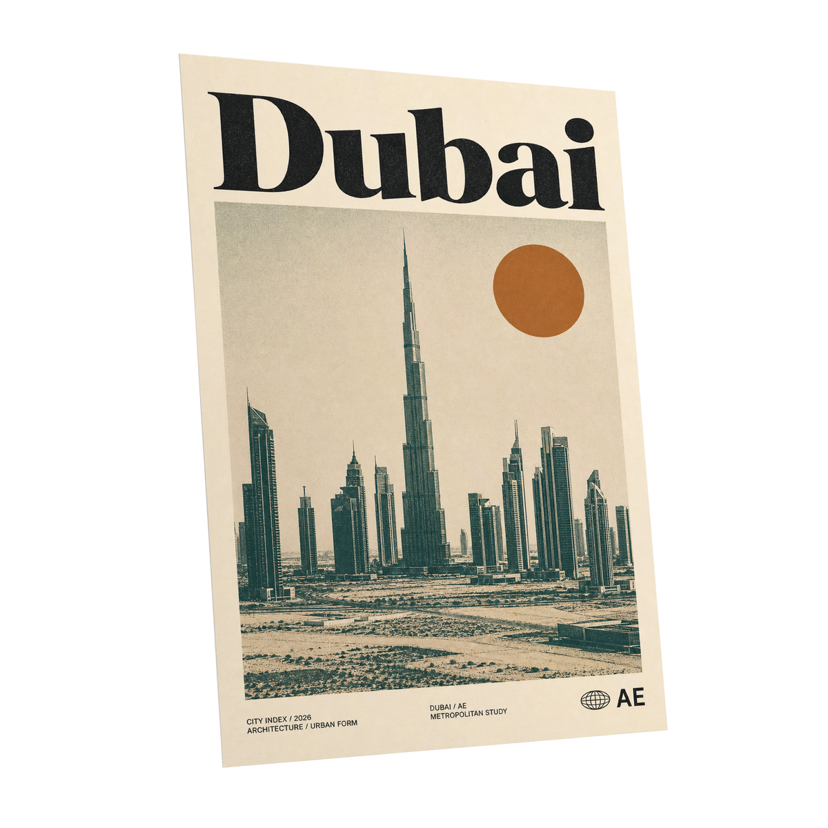 Dubai Modernist Skyline, beige, green, orange minimalist wall art shown as a unframed poster wall art print