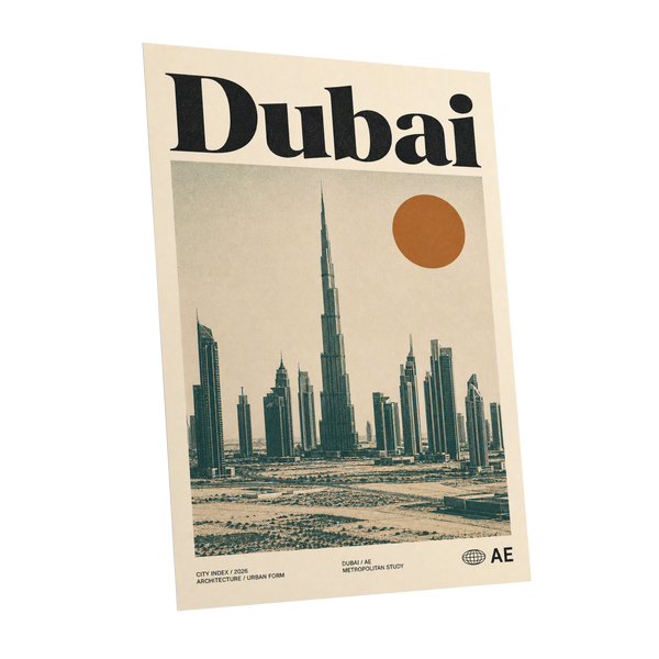 Dubai Modernist Skyline, beige, green, orange minimalist wall art shown as a unframed poster wall art print