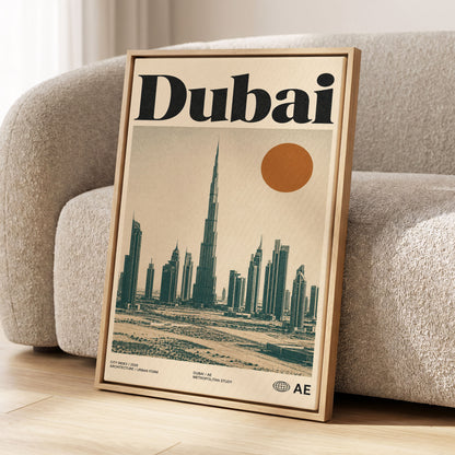 Dubai Modernist Skyline, beige, green, orange minimalist wall art displayed in a styled interior, gallery view 1