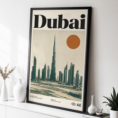 Dubai Modernist Skyline, beige, green, orange minimalist wall art displayed in a styled interior, gallery view 2