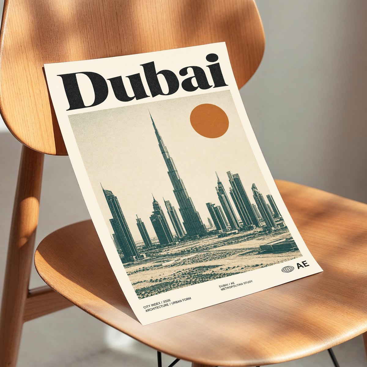 Dubai Modernist Skyline, beige, green, orange minimalist wall art displayed in a styled interior, gallery view 3