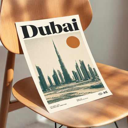 Dubai Modernist Skyline, beige, green, orange minimalist wall art displayed in a styled interior, gallery view 3