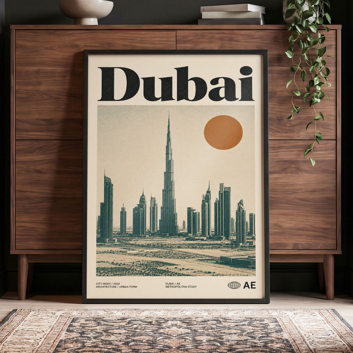 Dubai Modernist Skyline, beige, green, orange minimalist wall art displayed in a styled interior, gallery view 4