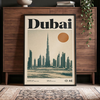 Dubai Modernist Skyline, beige, green, orange minimalist wall art displayed in a styled interior, gallery view 4
