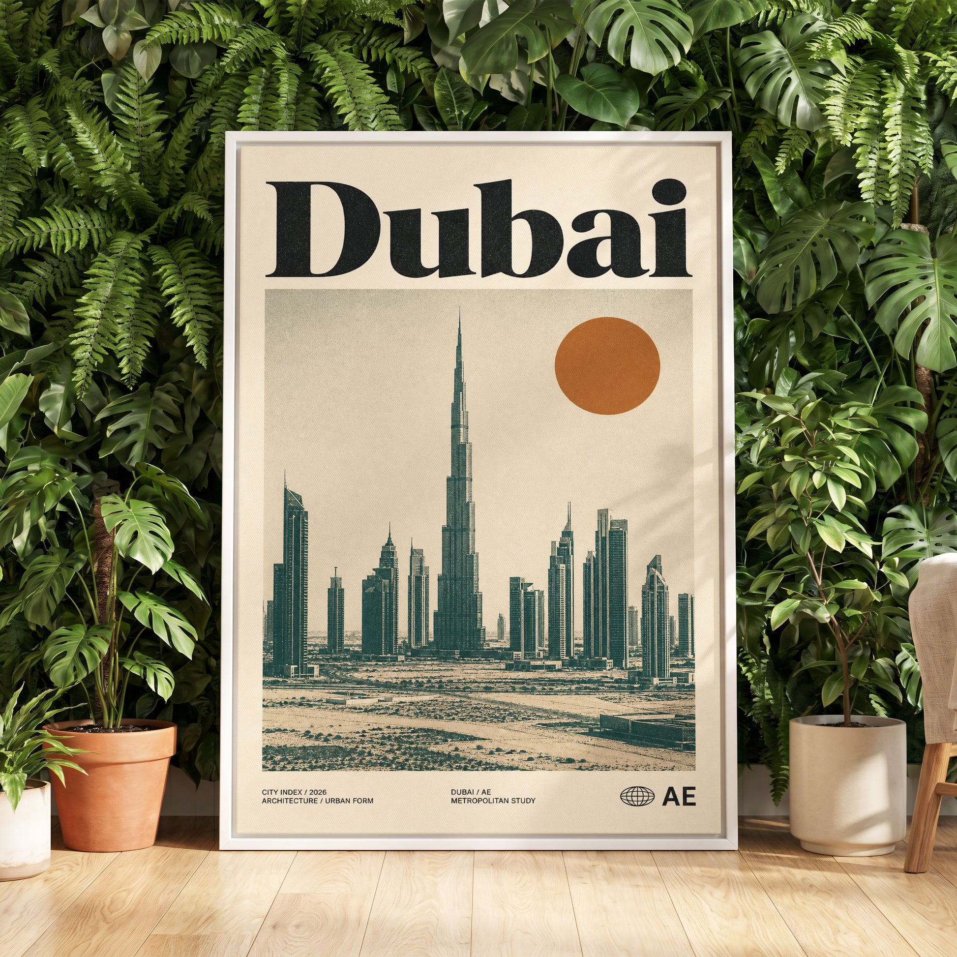 Dubai Modernist Skyline, beige, green, orange minimalist wall art displayed in a styled interior, gallery view 5