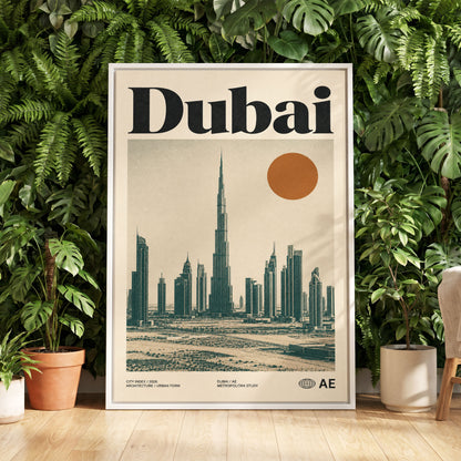 Dubai Modernist Skyline, beige, green, orange minimalist wall art displayed in a styled interior, gallery view 5