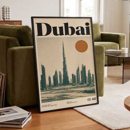Dubai Modernist Skyline, beige, green, orange minimalist wall art displayed in a styled interior, gallery view 6