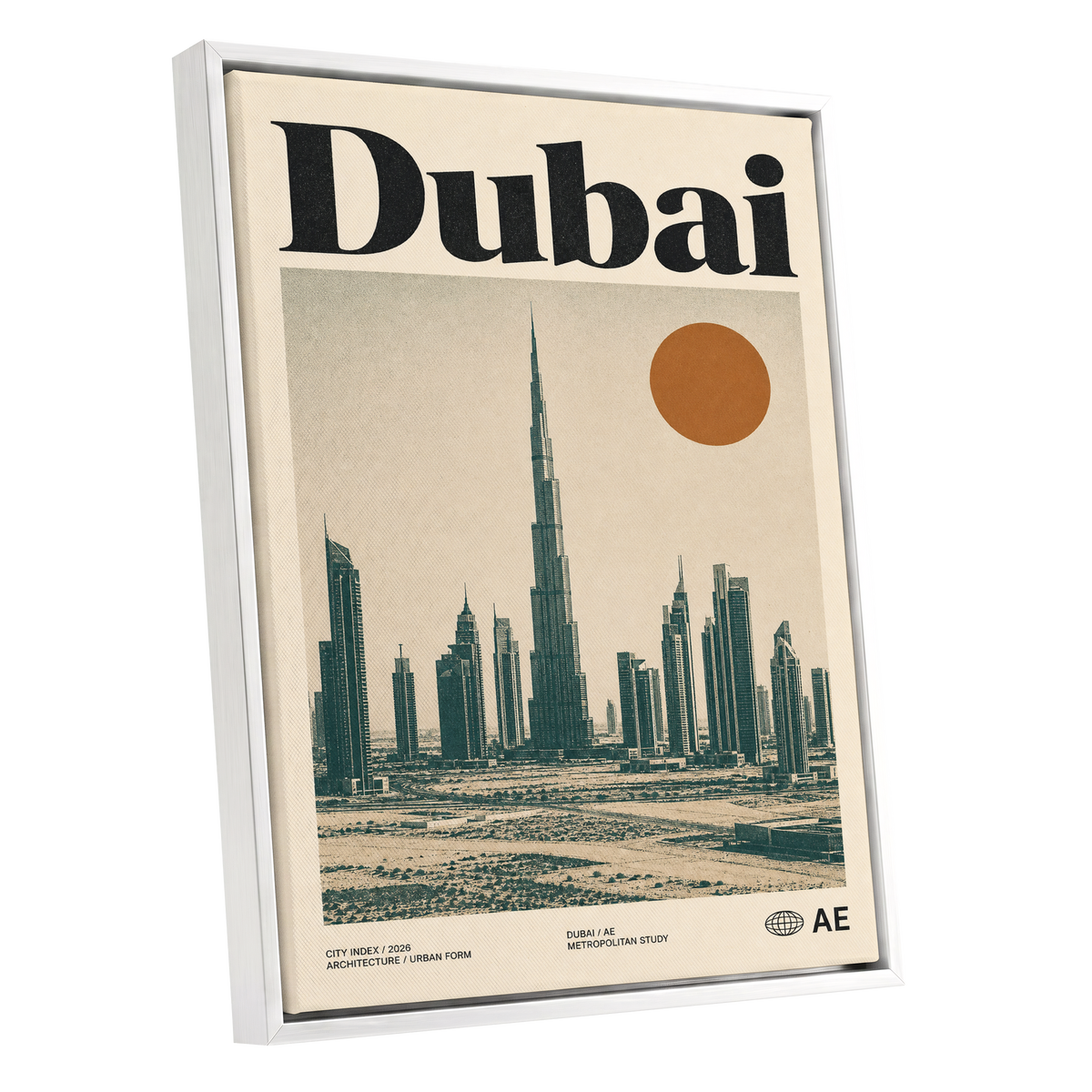 Dubai Modernist Skyline, beige, green, orange minimalist wall art shown as a white framed canvas wall art