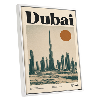 Dubai Modernist Skyline, beige, green, orange minimalist wall art shown as a white framed canvas wall art