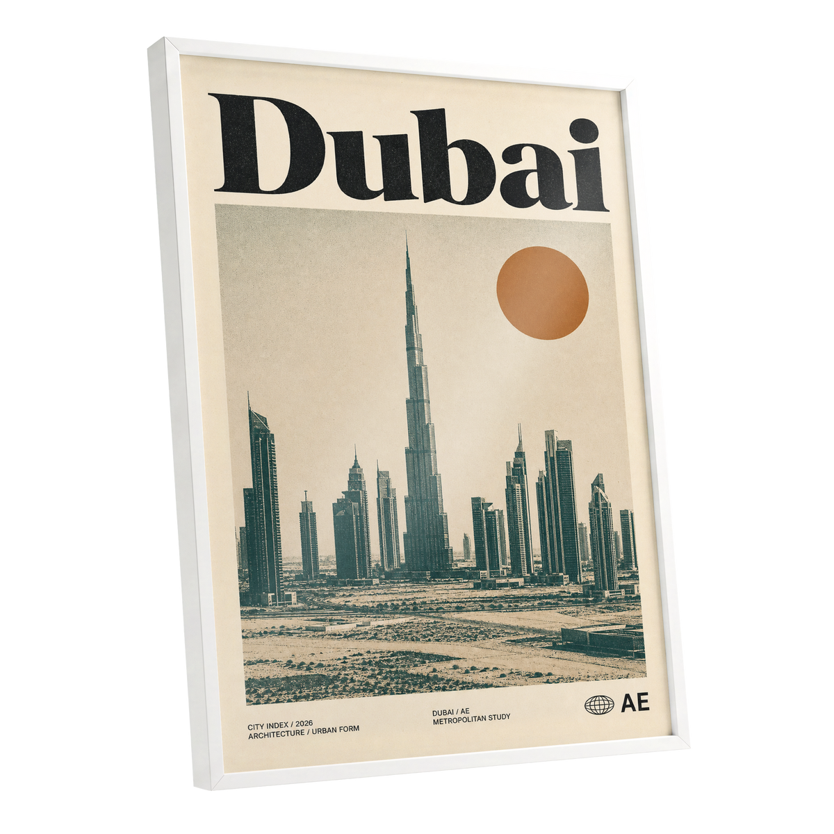Dubai Modernist Skyline, beige, green, orange minimalist wall art shown as a white framed poster wall art print