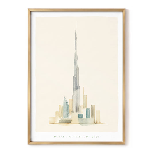 Dubai Skyline Study, beige, gray, green minimalist wall art, front artwork view