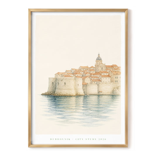 Dubrovnik Stillness, beige, blue, orange minimalist wall art, front artwork view