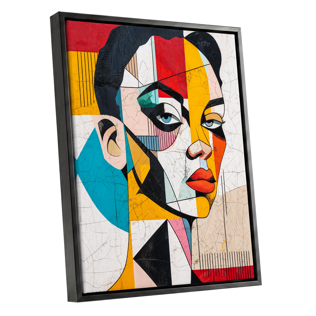 Duet in Fragments, black, yellow, red abstract wall art shown as a black framed canvas wall art