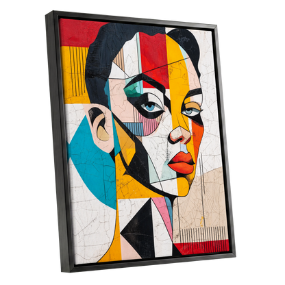 Duet in Fragments, black, yellow, red abstract wall art shown as a black framed canvas wall art