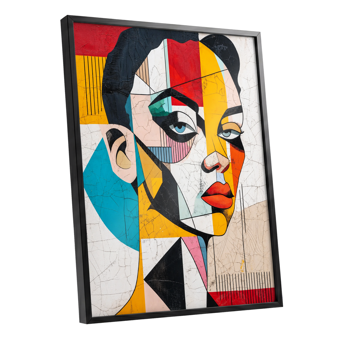 Duet in Fragments, black, yellow, red abstract wall art shown as a black framed poster wall art print