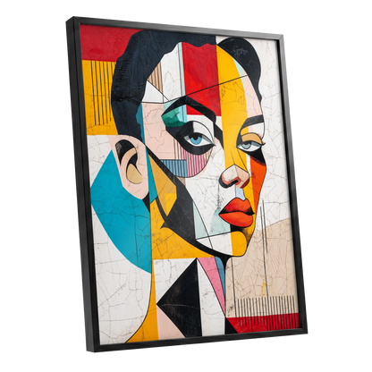 Duet in Fragments, black, yellow, red abstract wall art shown as a black framed poster wall art print