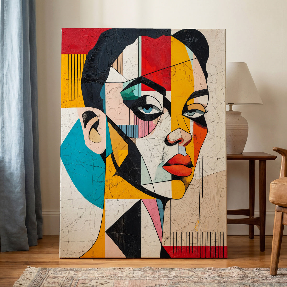 Duet in Fragments, black, yellow, red abstract wall art on canvas displayed in a styled interior, gallery view 1