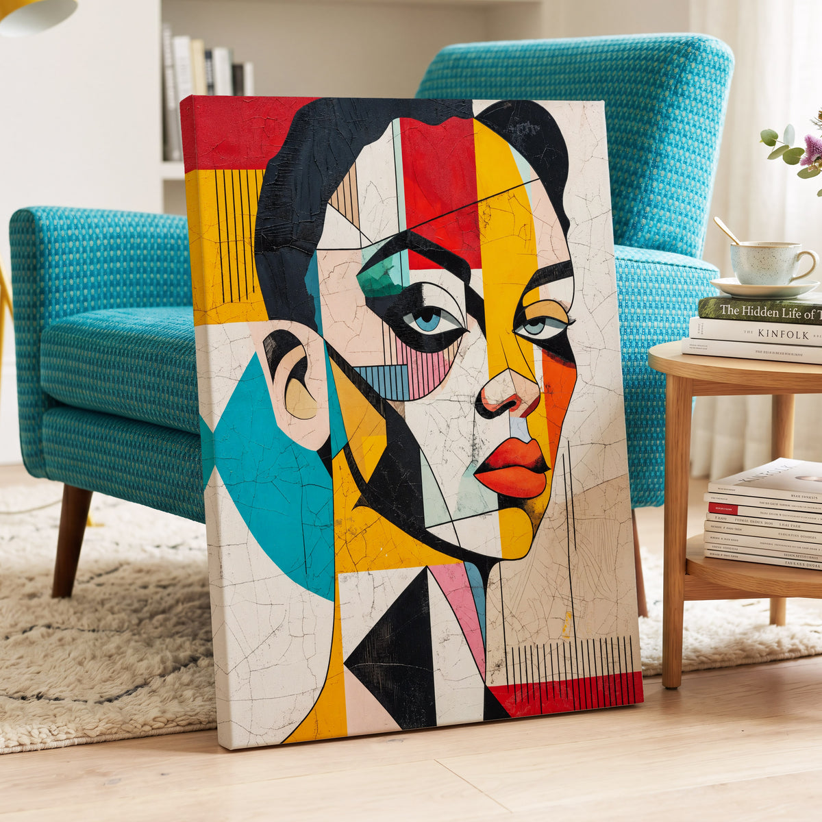 Duet in Fragments, black, yellow, red abstract wall art on canvas displayed in a styled interior, gallery view 2