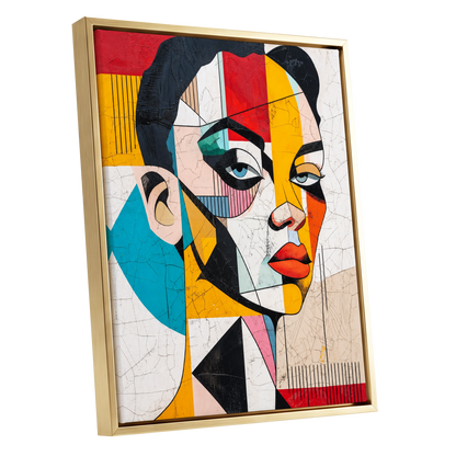 Duet in Fragments, black, yellow, red abstract wall art shown as a gold framed canvas wall art