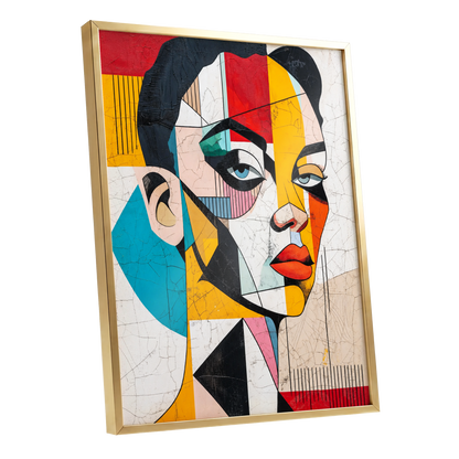 Duet in Fragments, black, yellow, red abstract wall art shown as a gold framed poster wall art print