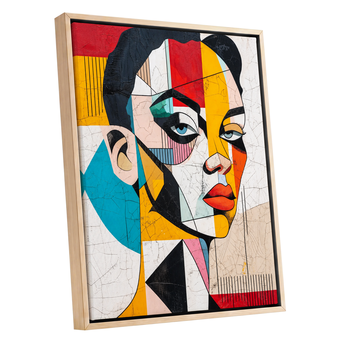 Duet in Fragments, black, yellow, red abstract wall art shown as a oak framed canvas wall art