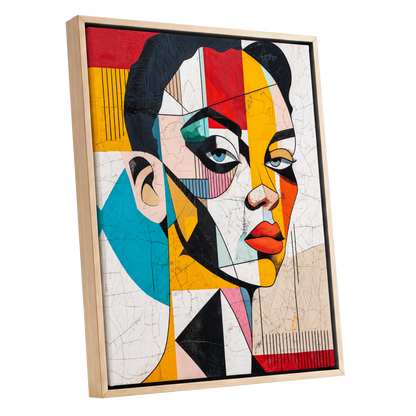 Duet in Fragments, black, yellow, red abstract wall art shown as a oak framed canvas wall art