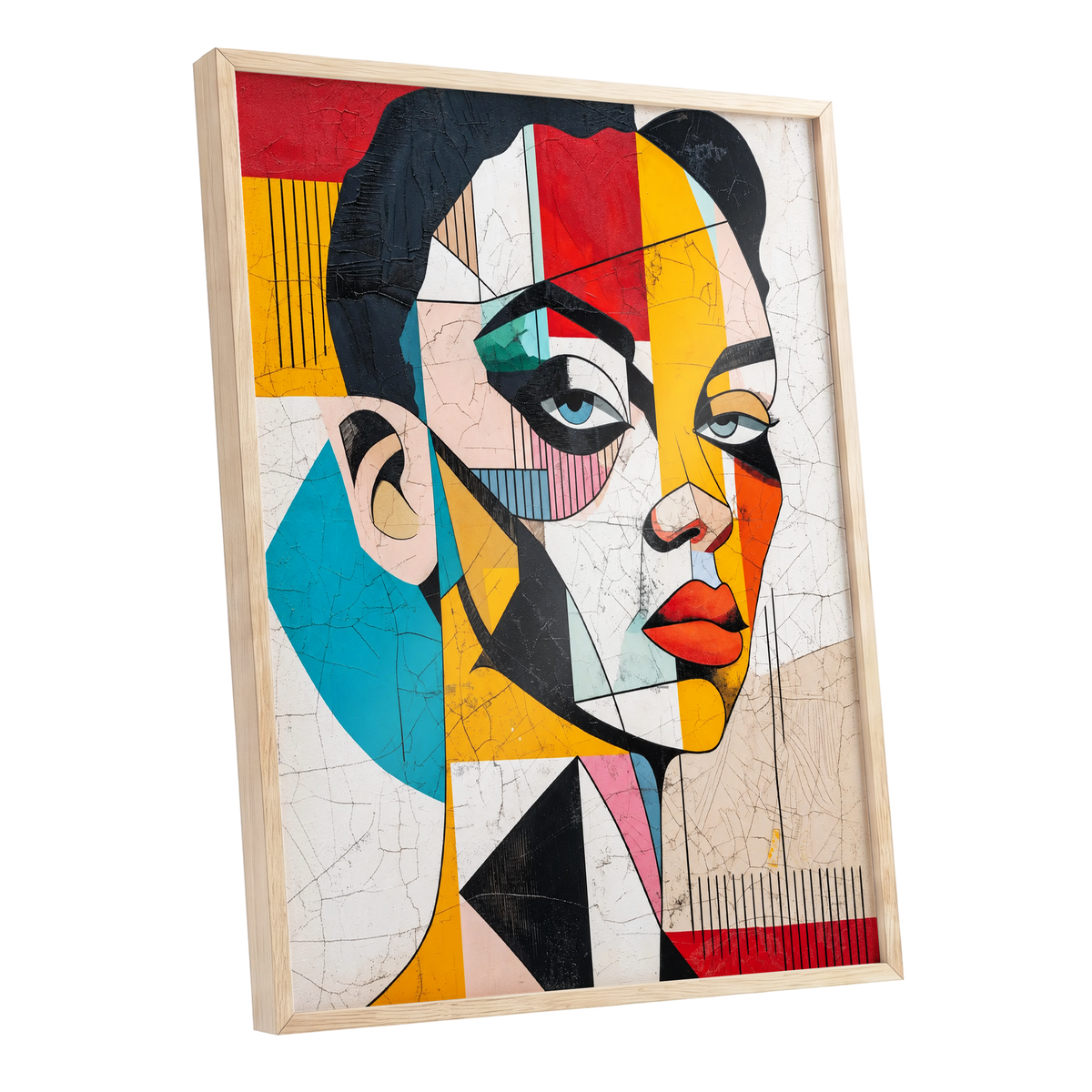 Duet in Fragments, black, yellow, red abstract wall art shown as a oak framed poster wall art print