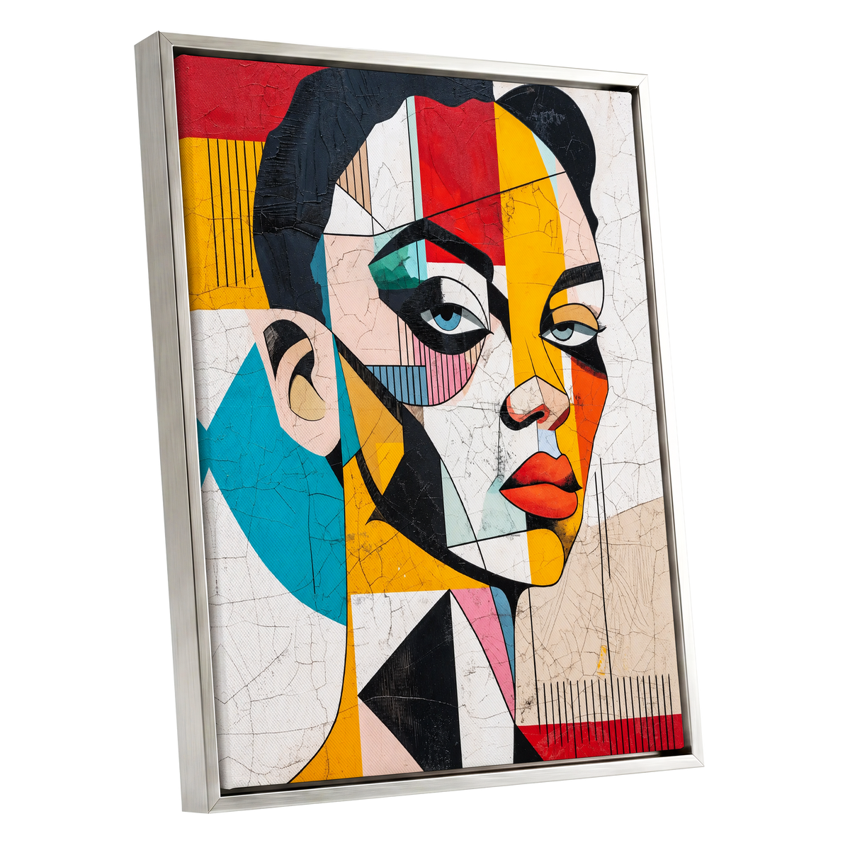 Duet in Fragments, black, yellow, red abstract wall art shown as a silver framed canvas wall art