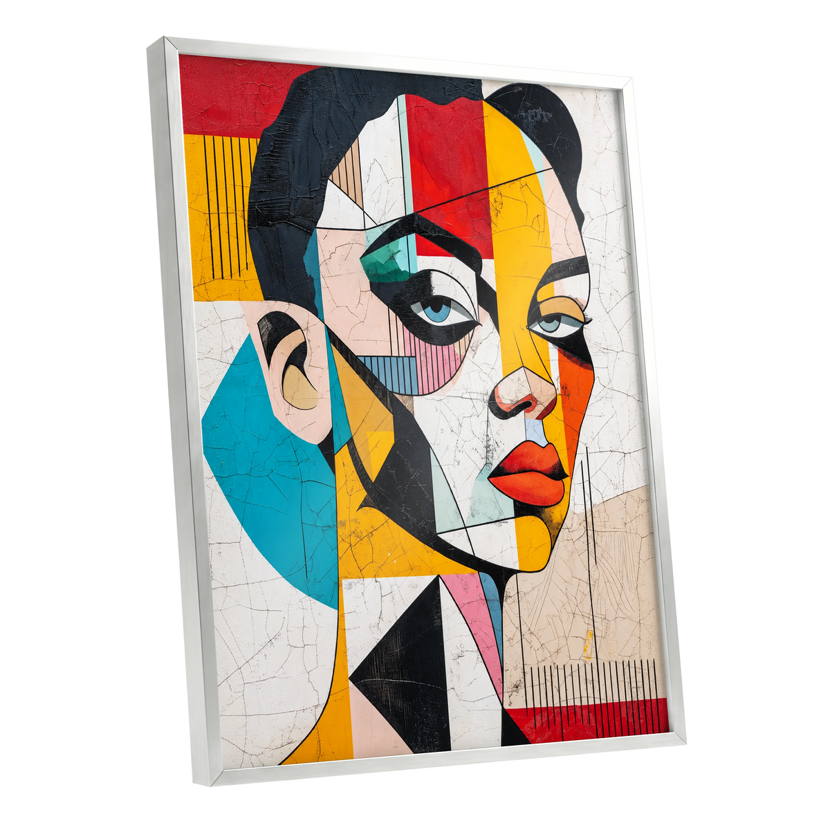 Duet in Fragments, black, yellow, red abstract wall art shown as a silver framed poster wall art print