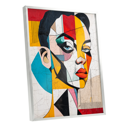 Duet in Fragments, black, yellow, red abstract wall art shown as a silver framed poster wall art print