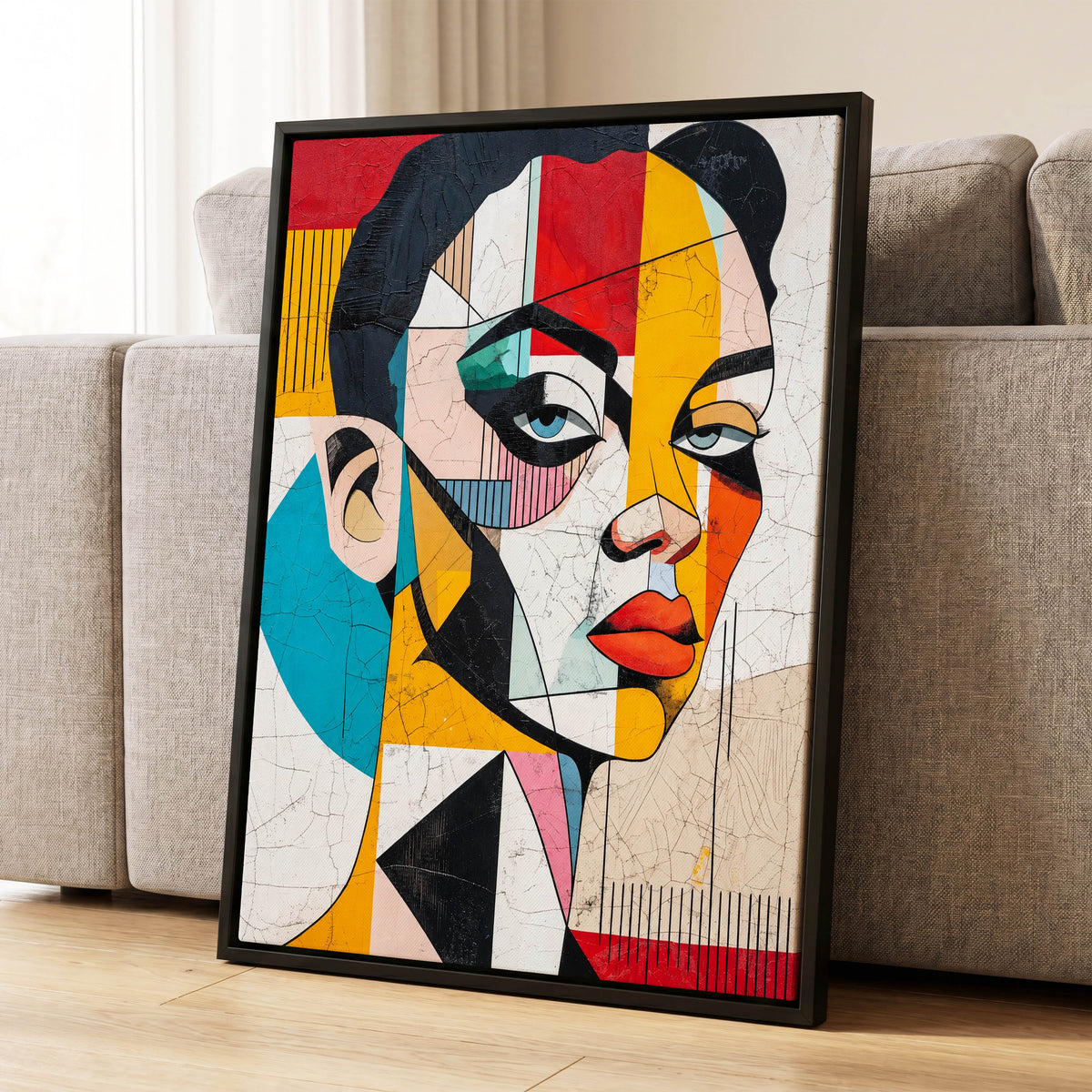 Duet in Fragments, black, yellow, red abstract wall art displayed in a styled interior, gallery view 1