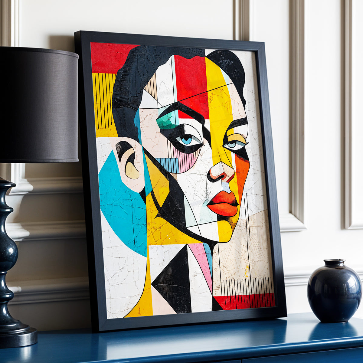 Duet in Fragments, black, yellow, red abstract wall art displayed in a styled interior, gallery view 3
