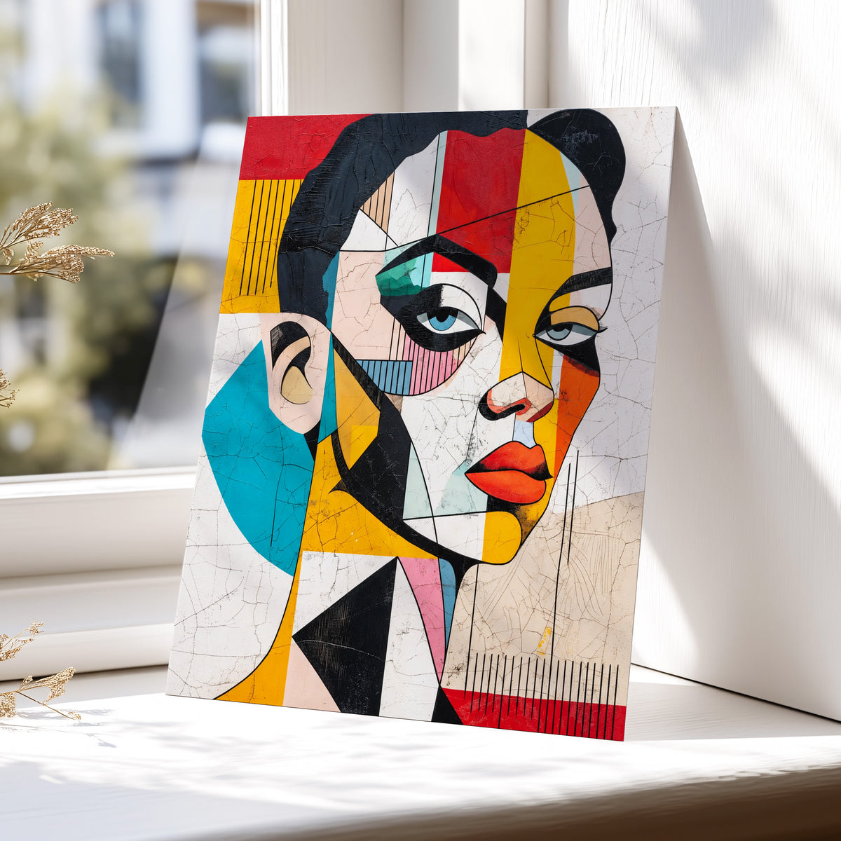 Duet in Fragments, black, yellow, red abstract wall art displayed in a styled interior, gallery view 5